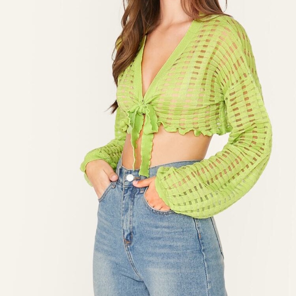 Tie front sheer mesh crop cardigan